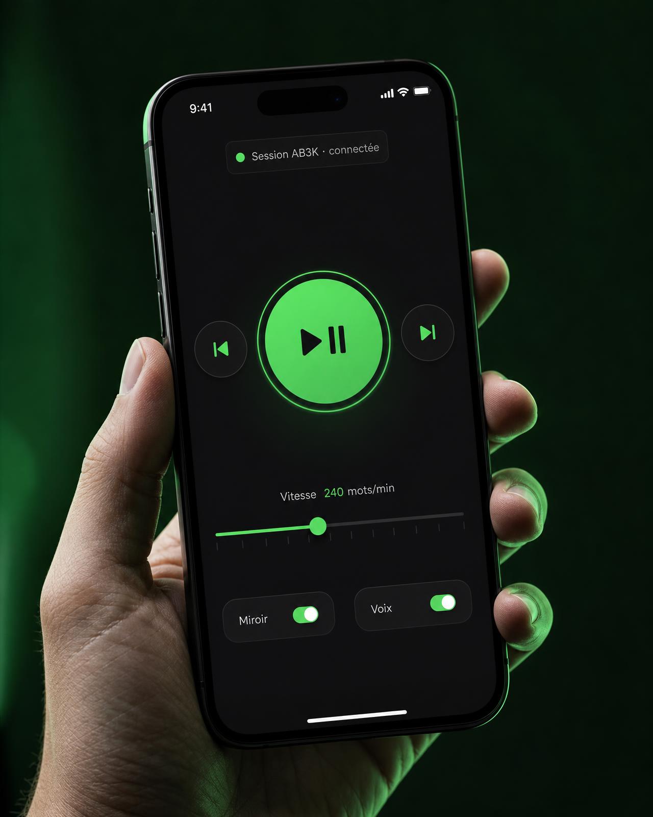 Une main tient un iPhone affichant la télécommande du prompteur 45 Studio : lecture, vitesse, miroir et voix